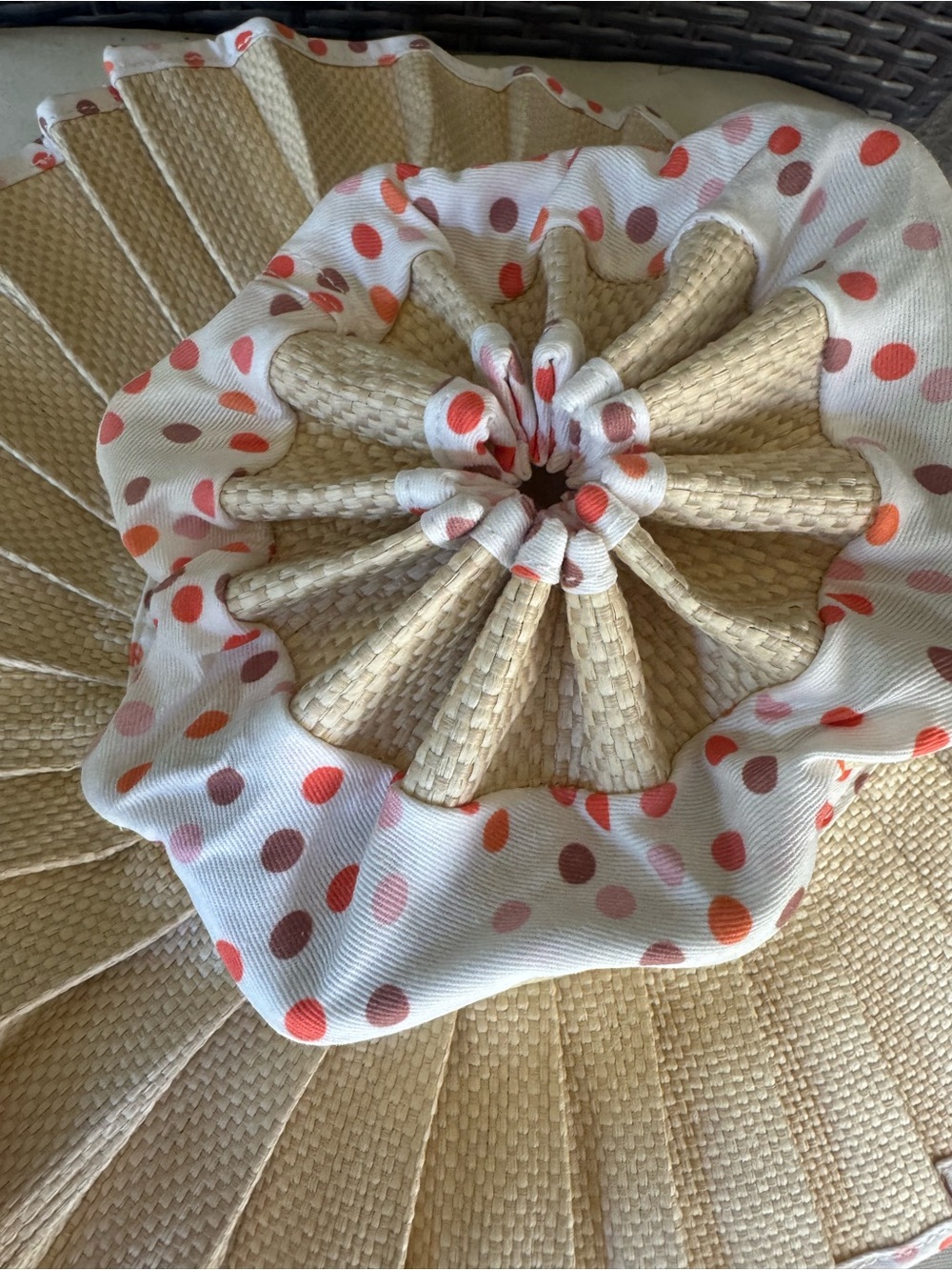 Packable Pleated Straw Sun Hat with Pink Polka Dot Trim - Picture 6 of 10